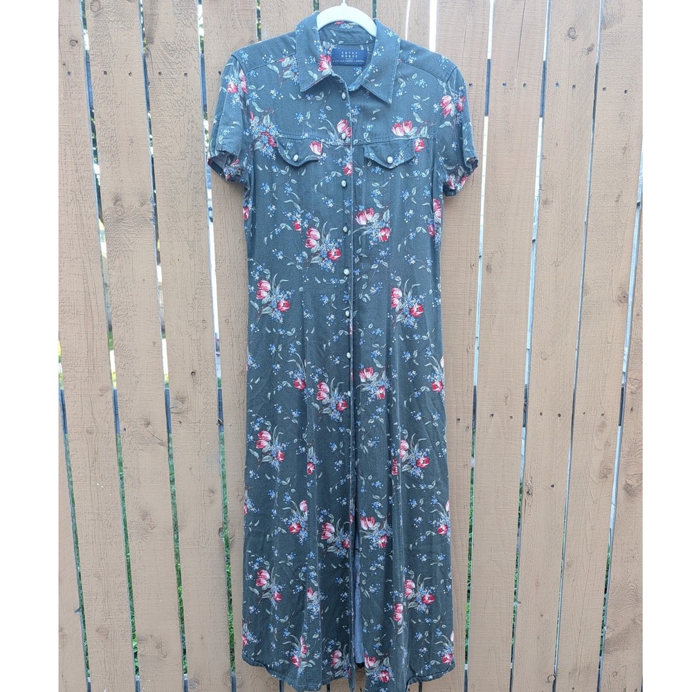 Womens Crazy Horse Green Floral Maxi Dress M Excellent Button Front Short Sleeve